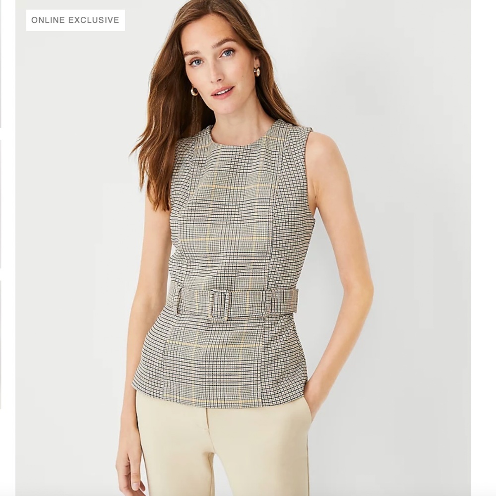 NWOT: Ann Taylor Belted Top In Double Glen Check plaid sleeveless top Size 2